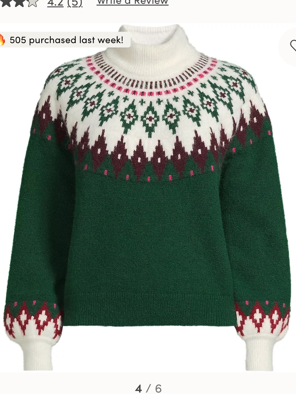Fuzzy Turtleneck Jacquard Lantern-Sleeve Sweater - Green